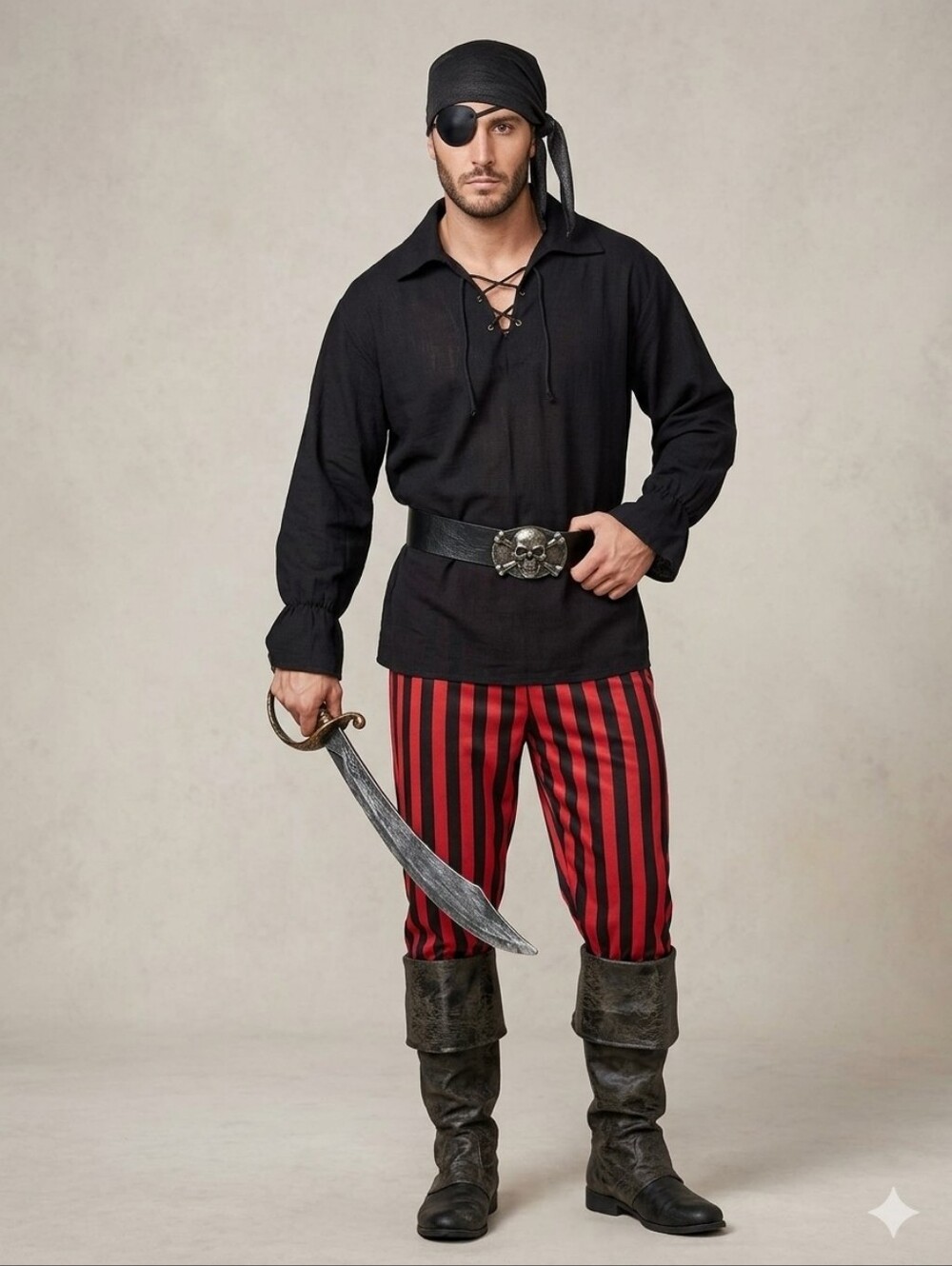 Spirit Halloween Pirate Pillager Costume Adult Small Men Black Red Striped Compl